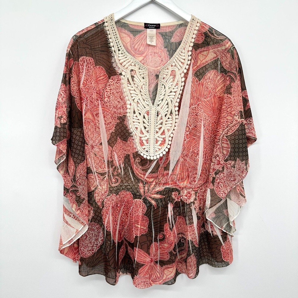 Cocomo Woman Top Shirt Blouse Size 2X Poncho Style Crochet Whimsical Boho Hippie